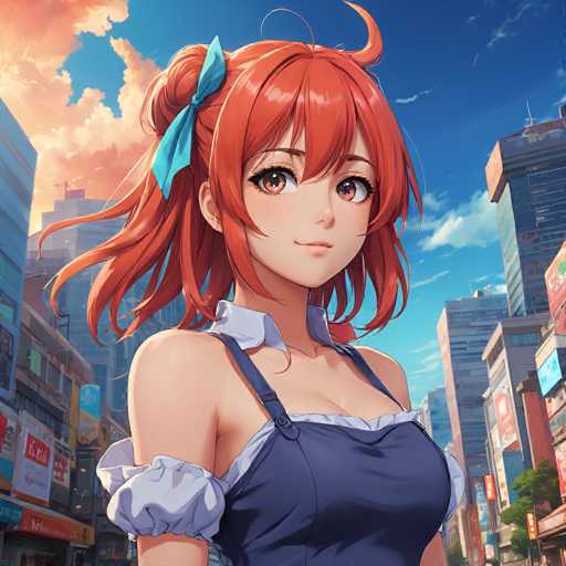 A vibrant anime-style illustration features a young woman with bright red, voluminous hair and large, expressive eyes. She's wearing a blue sailor-style dress with white ruffled accents and a teal hair tie. The background depicts a bustling city street with tall buildings, neon signs, and a partly cloudy sky, creating a dynamic and lively urban setting.