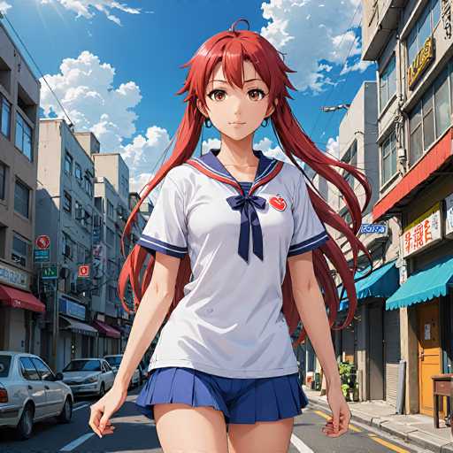 A young anime girl with long, flowing red hair and a school uniform stands confidently on a bustling city street. The scene is rendered in a detailed, vibrant anime style with bright sunlight and a clear blue sky. Buildings line the street on either side, creating a sense of depth and urban life.