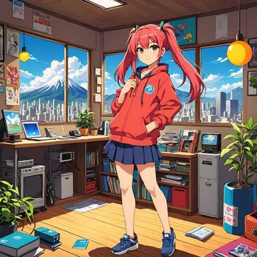 A vibrant anime girl with bright pink hair stands in a cozy, cluttered study space. Books and stationery overflow from shelves, a desk lamp illuminates the scene, and a window offers a view of a cityscape with Mount Fuji. The art style is detailed and colorful, typical of modern anime illustrations.