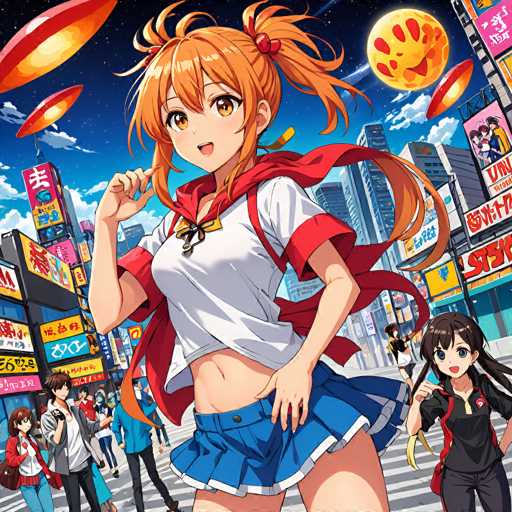 The image features a vibrant anime-style illustration of a group of high school students in a bustling city street. A cheerful orange-haired girl is prominently positioned, surrounded by classmates and various cityscape elements like neon signs and flying UFOs. The art style is bright, detailed, and full of dynamic energy, typical of modern anime aesthetics.