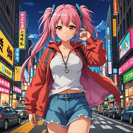 A vibrant anime girl with pink hair and a red jacket stands confidently on a bustling city street, framed by bright neon signs. The spatial relationship places her centrally, with cars lining the street behind her, creating a dynamic urban scene. The art style is detailed and colorful, typical of modern anime illustrations.