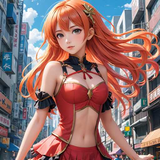 A vibrant anime-style illustration features a young woman with flowing orange hair, wearing a red and black outfit in a bustling city street. She's positioned centrally, looking directly at the viewer with a gentle expression. The background showcases tall buildings with bright signage and a clear blue sky, creating a lively urban atmosphere.