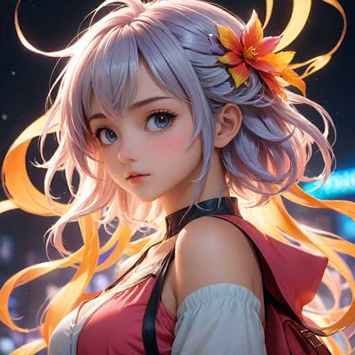 A captivating anime-style portrait features a young woman with vibrant, silver hair styled in voluminous curls. She has large, expressive blue eyes and a gentle expression. Her clothing is a mix of red and white with black accents, adorned with a colorful flower. The background is softly blurred, suggesting an urban setting at night.