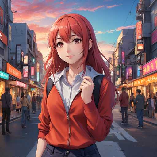 A young anime girl with vibrant red hair stands confidently in a bustling, neon-lit city street. She's the central focus, framed by a blurred background of pedestrians and vibrant storefronts. The art style is detailed and anime-inspired, with soft lighting and a warm color palette creating an inviting atmosphere.