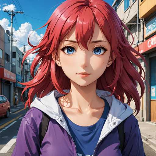 A young anime girl with vibrant red, wavy hair and bright blue eyes stands confidently in a bustling city street. She wears a purple hooded jacket over a blue shirt and carries a black backpack, looking directly at the viewer. The art style is detailed and anime-inspired, with a focus on soft lighting and expressive features.