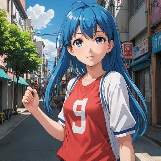 A young anime girl with vibrant blue hair and large blue eyes stands confidently in a bustling city street. She wears a red basketball jersey with the number 9 and a white and blue striped jacket, looking directly at the viewer. The background features a vibrant urban setting with shops lining either side of the street, creating a dynamic and lively scene. The art style is characteristic of modern anime, with detailed character design and bright colors.