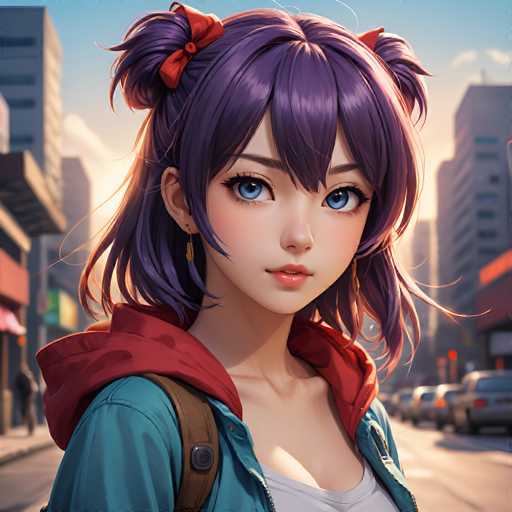 A young anime girl with vibrant purple hair, blue eyes, and a red hoodie stands in an urban setting. She's positioned centrally, looking directly at the viewer with a gentle expression. The background features blurred city buildings and cars under a warm, slightly hazy sunlight, characteristic of a digital illustration with soft lighting.