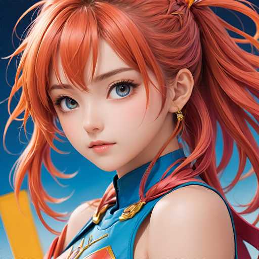 A close-up portrait showcases a young anime girl with vibrant orange, voluminous hair styled in twin ponytails. Her large, expressive blue eyes gaze directly at the viewer, framed by delicate pink cheeks. She wears a teal and gold outfit with intricate details, complemented by golden earrings. The art style is highly detailed and anime-inspired, emphasizing soft lighting and a focus on character expression.