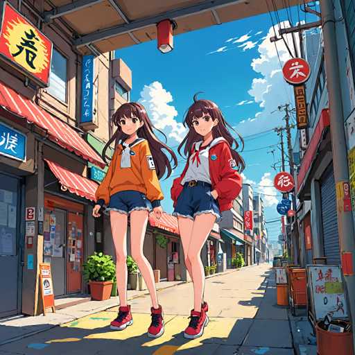 Two anime-style girls in school uniforms stroll down a vibrant, bustling street lined with small shops. The scene is rendered in a detailed, colorful digital art style, showcasing bright sunlight and a clear blue sky with fluffy clouds. The girls are positioned in the center of the frame, walking side-by-side, with storefronts lining either side creating a charming urban setting.