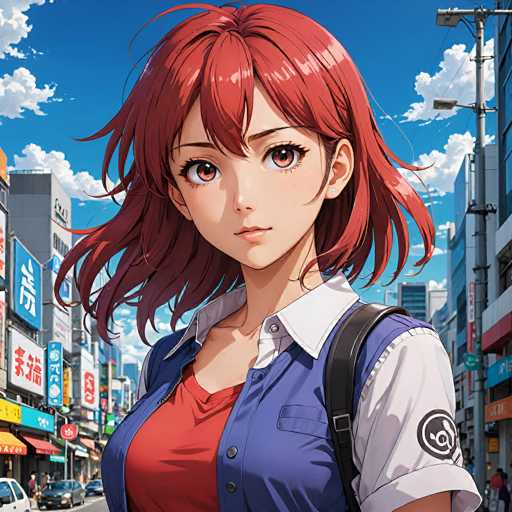 A young anime girl with vibrant red hair and a confident gaze stands in a bustling city street. She's dressed in a school uniform, looking stylish against the backdrop of colorful storefronts and bright blue sky. The art style is detailed and anime-inspired, emphasizing soft lighting and expressive features.