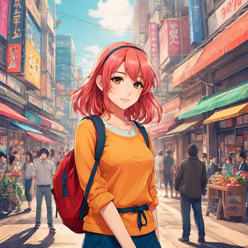 A vibrant anime-style illustration depicts a young woman with bright pink hair and a red backpack standing in a bustling, colorful street market. The scene is filled with other people browsing stalls and enjoying the lively atmosphere, rendered in a detailed, slightly painterly digital art style.