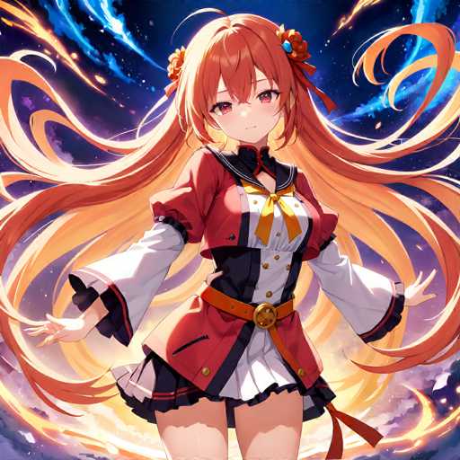 A vibrant anime girl with long, flowing orange hair and red eyes stands at the center of a dynamic, glowing space. She wears a red and white outfit with orange accents and has a determined expression. The background features swirling blue and purple energy, suggesting a magical or fantastical setting. The art style is detailed and colorful, typical of anime illustrations.