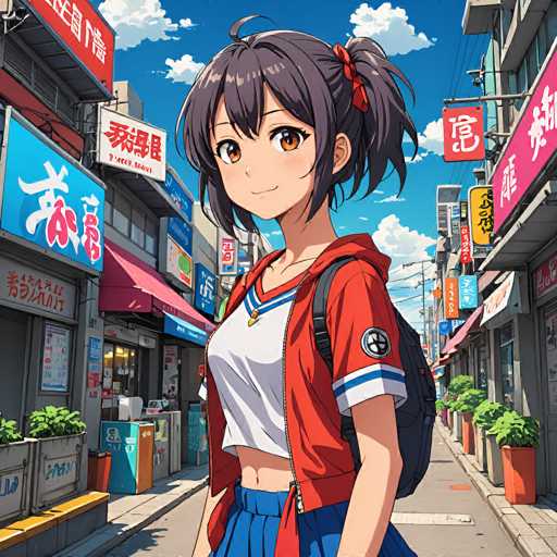 A young anime girl with brown hair and a red jacket stands in a vibrant, bustling Japanese street. She's positioned centrally, looking towards the viewer with a gentle smile. The background features colorful storefronts and bright signage, creating a lively urban scene rendered in a detailed, anime-inspired digital art style.