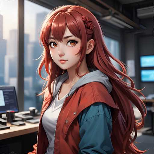 A young anime girl with long, flowing red hair and large, expressive eyes is the central focus. She's positioned in a modern, brightly lit office setting with computer monitors and a desk visible in the background. The art style is detailed and vibrant, emphasizing soft lighting and a slightly stylized aesthetic.