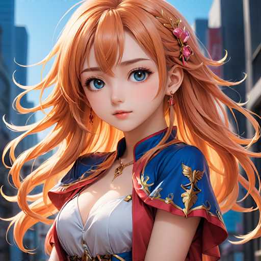 A beautiful anime girl with vibrant orange hair and large blue eyes is the central focus, wearing a detailed fantasy outfit. She's positioned in the foreground, looking directly at the viewer with a gentle expression. The background features blurred city buildings under a bright sky, emphasizing her prominence. The art style is highly detailed and illustrative, characteristic of modern anime.