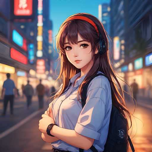 A young anime girl with long brown hair and headphones leans against a wall in a vibrant, bustling city street. She wears a light blue shirt and backpack, looking directly at the viewer with a gentle expression. The background is blurred, emphasizing her as the focal point in this detailed, digital illustration with a soft, warm lighting.