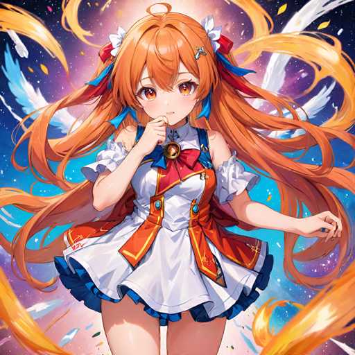 A vibrant anime girl with flowing orange hair and a determined expression is the central focus. She wears a white and red outfit with blue accents, surrounded by swirling orange energy and glowing wings. The art style is detailed and dynamic, emphasizing a sense of power and action with soft lighting and vibrant colors.