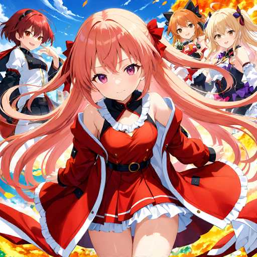 The image features a group of anime-style female characters in vibrant, detailed outfits. The central character is a young girl with long, flowing pink hair and a red uniform, positioned prominently in the foreground. Behind her are three other characters with varying hairstyles and outfits, also rendered in a bright, dynamic style. The overall aesthetic is energetic and colorful, typical of anime illustrations.