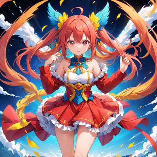 A vibrant anime-style illustration features a young, red-haired girl with large, flowing hair and blue wing-like accents. She's dressed in a red and white outfit with gold details, posed dynamically with hands raised. The background is a swirling blue and white, suggesting a magical or fantastical setting.