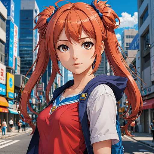 A young anime girl with vibrant orange hair, styled in two high pigtails secured with blue hair ties, stands confidently on a bustling city street. She wears a red and white school uniform with a blue backpack, looking directly at the viewer. The background features tall, colorful buildings and blurred pedestrians, characteristic of a detailed anime art style with a focus on character design.