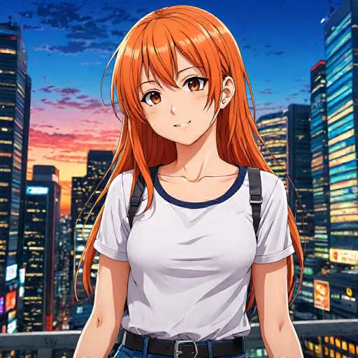 A vibrant anime-style illustration features a young woman with long, flowing orange hair and warm brown eyes, smiling confidently. She's wearing a white t-shirt with a dark blue trim and blue jeans, with a cityscape of brightly lit skyscrapers in the background under a colorful sunset sky. The focus is on the character, with a slightly blurred cityscape creating depth.