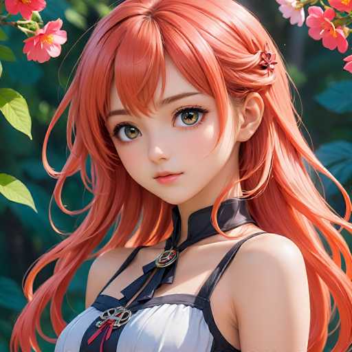 A beautiful anime girl with vibrant orange hair and large, expressive eyes is the central focus. She wears a white dress with black accents and a detailed choker. Soft, blurred greenery surrounds her, creating a serene, close-up portrait with a digital art style emphasizing delicate details and soft lighting.