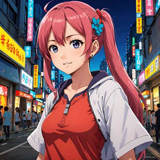The image features a young anime girl with vibrant pink hair and blue eyes, wearing a red shirt and white hoodie, standing in a bustling Tokyo-style street. Neon signs illuminate the scene, with other people visible in the background. The art style is detailed and colorful, characteristic of modern anime illustrations.