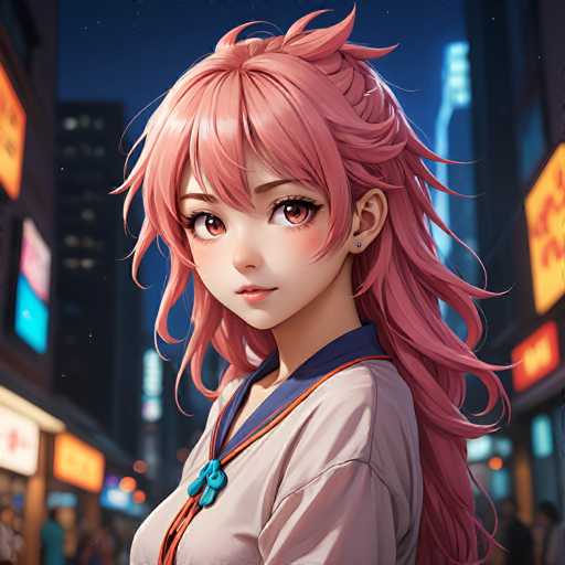A vibrant anime-style portrait features a young woman with bright pink, voluminous hair and large, expressive eyes. She's wearing a light-colored top with blue accents, standing against a blurred backdrop of a bustling city street at night. The focus is on her face, with soft lighting highlighting her features and a gentle, slightly enigmatic expression.