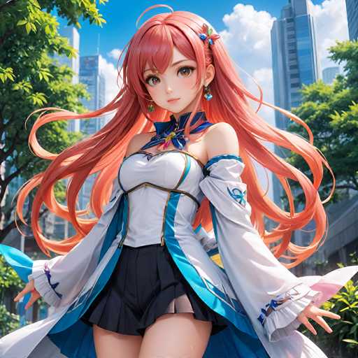 A vibrant anime-style illustration features a young woman with long, flowing red hair and large eyes, dressed in an elaborate white and blue outfit. She stands outdoors amidst lush green trees and a bright blue sky with fluffy clouds, with modern city buildings blurred in the background. The focus is on her dynamic pose and detailed clothing design, showcasing a fantastical aesthetic.