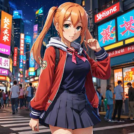 A vibrant anime girl with orange hair and a red jacket stands confidently in a bustling, neon-lit Tokyo street. The scene is filled with other pedestrians and bright signs, creating a dynamic urban atmosphere. The art style is detailed and colorful, typical of modern anime illustrations.