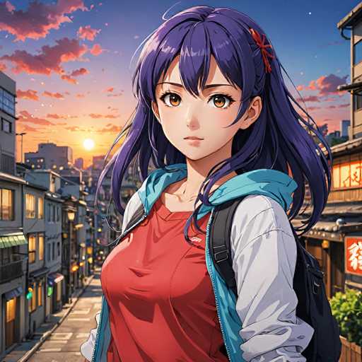 A young anime girl with vibrant purple hair and a warm smile stands in a bustling, sun-kissed city street. She's dressed casually in a red shirt and blue hoodie, with a backpack slung over her shoulder. The background features traditional Japanese buildings bathed in the golden light of sunset, creating a vibrant and inviting atmosphere.