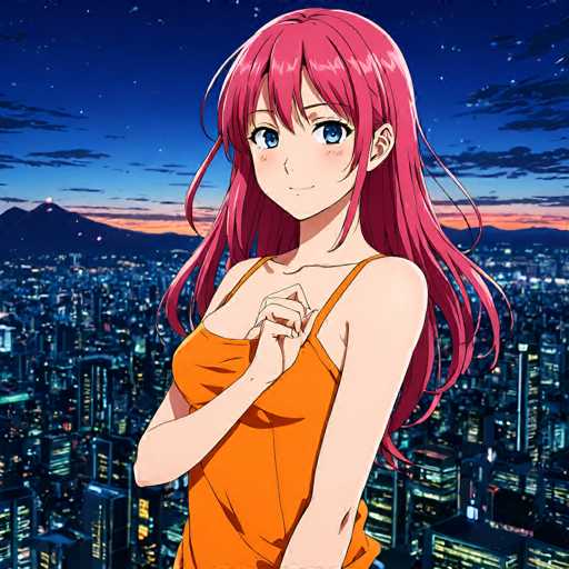 A vibrant anime-style illustration features a young woman with bright pink hair and blue eyes, wearing an orange tank top. She's positioned in the foreground, looking at the viewer with a gentle smile. Behind her is a sprawling cityscape at night, illuminated by countless city lights under a twilight sky with a distant mountain. The art style is detailed and colorful, typical of anime aesthetics.