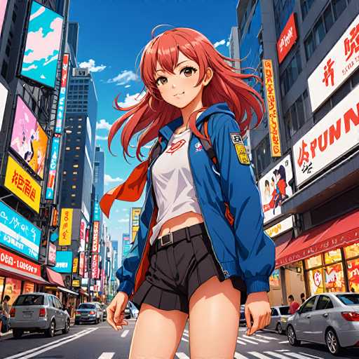 A vibrant anime girl with flowing red hair stands confidently in a bustling, neon-lit Tokyo street. She's surrounded by towering buildings adorned with bright signs and a crosswalk, showcasing a detailed, stylized urban environment. The art style is reminiscent of modern anime, emphasizing dynamic lines and bold colors.