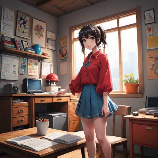 A young anime girl with dark hair and a red shirt stands in a cozy, cluttered study room. The scene is filled with school supplies like books and stationery, a desk lamp, and artwork on the walls. The art style is detailed and vibrant, with soft lighting highlighting the girl's pose as she looks towards a desk.