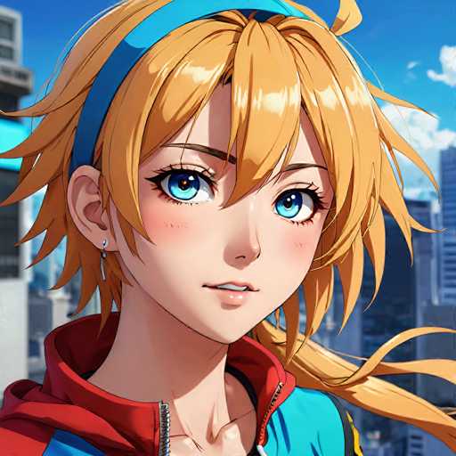 The image features a young anime girl with vibrant blonde hair, blue eyes, and rosy cheeks, wearing a blue headband and a red and blue jacket. She's positioned in the foreground against a blurred cityscape backdrop, suggesting an urban setting. The art style is detailed and anime-inspired, with soft lighting and a focus on expressive facial features.