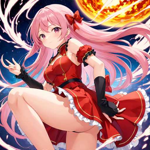 A vibrant anime-style illustration features a young woman with long, flowing pink hair and a red dress, posed dynamically against a swirling, cosmic backdrop. She's positioned in the foreground, with her hands gesturing expressively, creating a sense of motion and energy. The overall style is detailed and colorful, emphasizing a fantastical, possibly magical, theme.