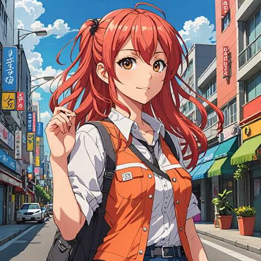 A vibrant anime girl with fiery red hair and a friendly smile stands confidently on a bustling city street. She's dressed in school uniform, wearing an orange vest over a white shirt and carrying a backpack. The background features colorful storefronts and a bright, sunny sky, showcasing a detailed, illustrative art style.