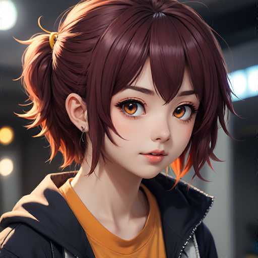 A close-up portrait showcases a young anime girl with warm brown hair styled in a high ponytail, wearing an orange shirt and black jacket. Her large, expressive eyes are the focal point, with a soft, detailed rendering emphasizing her gentle expression. The art style is digital illustration, exhibiting a smooth, polished aesthetic with soft lighting and vibrant color accents.