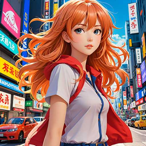A vibrant anime-style illustration depicts a young woman with flowing orange hair, wearing a white shirt and red jacket, standing in a bustling city street. Neon signs in Japanese script adorn the background, creating a dynamic urban atmosphere. The focus is on the character's expressive face and her energetic pose, set against a busy street scene.