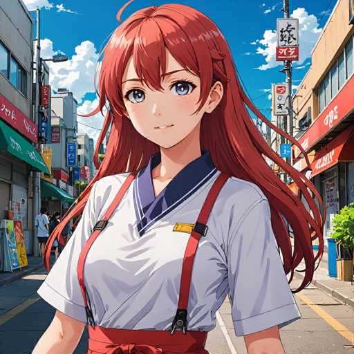 A young anime girl with vibrant red hair and blue eyes stands in a bustling city street, wearing a white uniform with red suspenders. The art style is detailed and colorful, showcasing a vibrant urban setting with shops lining the street under a bright sky. The girl is positioned centrally, looking directly at the viewer with a gentle smile.