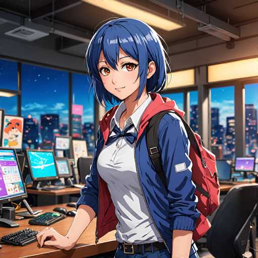 A young anime girl with blue hair and a cheerful expression sits at a computer workstation in a brightly lit, modern office. Multiple monitors display colorful digital interfaces, and she wears a school uniform-inspired outfit with a red jacket. The scene is set against a backdrop of a city skyline at night, creating a vibrant and energetic atmosphere.