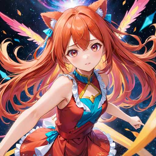 A vibrant anime-style illustration features a young, fiery-haired girl with fox ears and wings, wearing a red and blue outfit. She's positioned in the center, radiating a glowing aura against a dark, starry background with swirling blue and gold energy effects. The focus is on her expressive face and dynamic pose, showcasing a detailed, digital painting style.