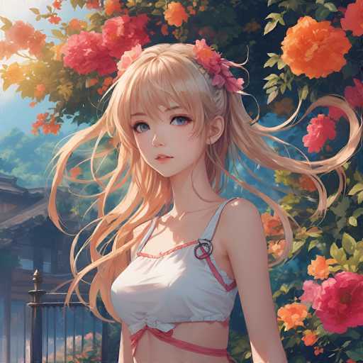 A young anime girl with long, flowing blonde hair and large blue eyes is the central focus. She's wearing a white crop top with pink accents, surrounded by vibrant orange and pink flowers in a garden setting. The art style is detailed and painterly, with soft lighting and a focus on delicate textures.