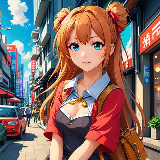 A vibrant anime-style illustration depicts a young girl with bright blue eyes and long, orange hair styled in twin buns. She's wearing a school uniform with a red jacket and blue collared shirt, carrying a brown backpack. She stands on a bustling city street with colorful storefronts and people in the background, rendered in a detailed, slightly painterly digital art style.