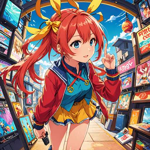 A cheerful anime girl with vibrant red hair and a yellow bow stands in a bustling, brightly lit manga shop. She's surrounded by shelves overflowing with manga volumes and posters, creating a sense of vibrant energy. The art style is detailed and colorful, typical of modern anime illustrations.