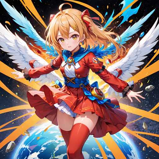 A vibrant anime-style illustration features a young blonde girl with golden wings, clad in a red and blue outfit, seemingly soaring above a swirling blue Earth. She's surrounded by glowing orange energy and falling debris, with her hands outstretched in a dynamic pose. The artwork showcases a detailed, fantastical aesthetic with bright colors and dramatic motion lines.