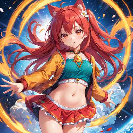 A vibrant anime girl with fiery red hair and fox ears stands center, radiating a glowing orange aura. She wears a teal cropped top, red skirt, and yellow jacket, with a white flower in her hair. The background features swirling blue energy and fluffy white clouds, emphasizing a dynamic, energetic pose.