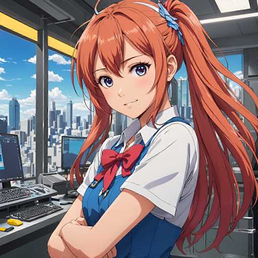 The image features a young anime girl with vibrant orange hair in a ponytail, wearing a school uniform and looking confidently at the viewer. She's positioned behind a computer workstation with monitors, keyboard, and a red bow tie. The background shows a bright cityscape through large windows, suggesting an office or control room setting. The art style is typical of anime, with detailed hair and expressive eyes.