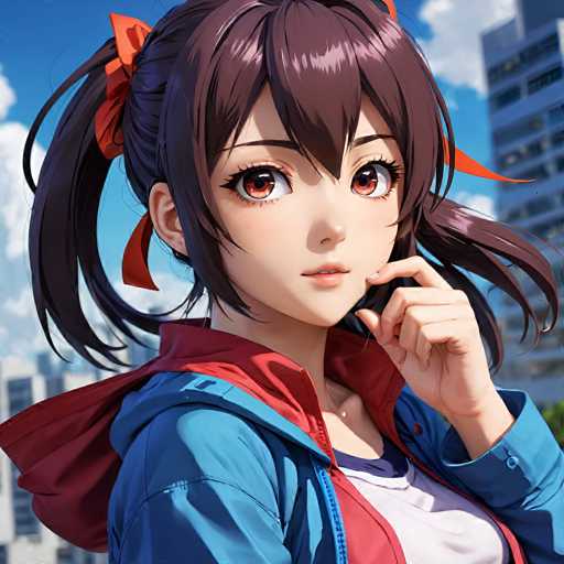 A young anime girl with dark brown hair in two high ponytails, adorned with orange ribbons, is the central focus. She wears a blue jacket with a red hood and a white shirt, looking directly at the viewer with a gentle expression. The background features a bright blue sky and blurred city buildings, typical of a digital illustration with a soft, detailed anime art style.