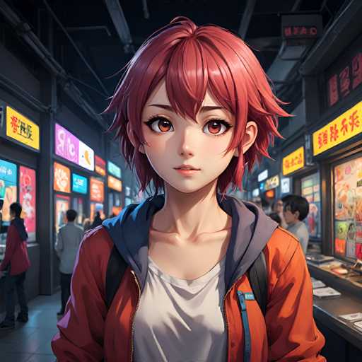 A young anime girl with vibrant red hair and large, expressive eyes stands confidently in a brightly lit convenience store aisle. She's wearing an orange jacket and a white hoodie, looking directly at the viewer. The background features shelves stocked with snacks and colorful posters, creating a vibrant, bustling atmosphere typical of a modern Japanese convenience store. The art style is detailed and anime-inspired, with soft lighting and sharp focus on the girl's face.